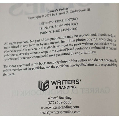 Lance's Follies by Garret D. Onderdonk, III Hardcover Book