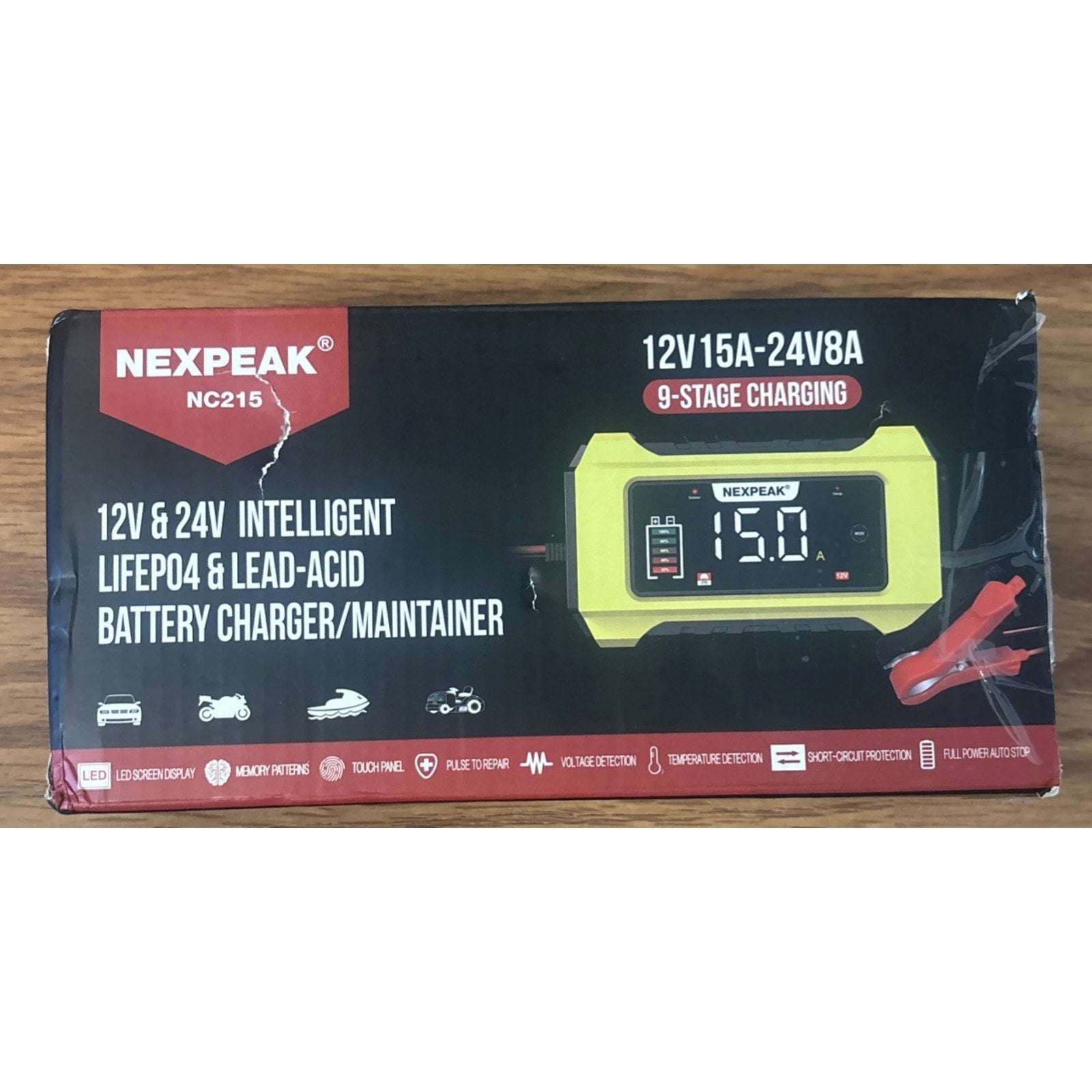 NEXPEAK 15A Smart Battery Charger 12V 24V 9 Stage Trickle LiFePO4 Car Truck Boat