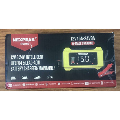 NEXPEAK 15A Smart Battery Charger 12V 24V 9 Stage Trickle LiFePO4 Car Truck Boat