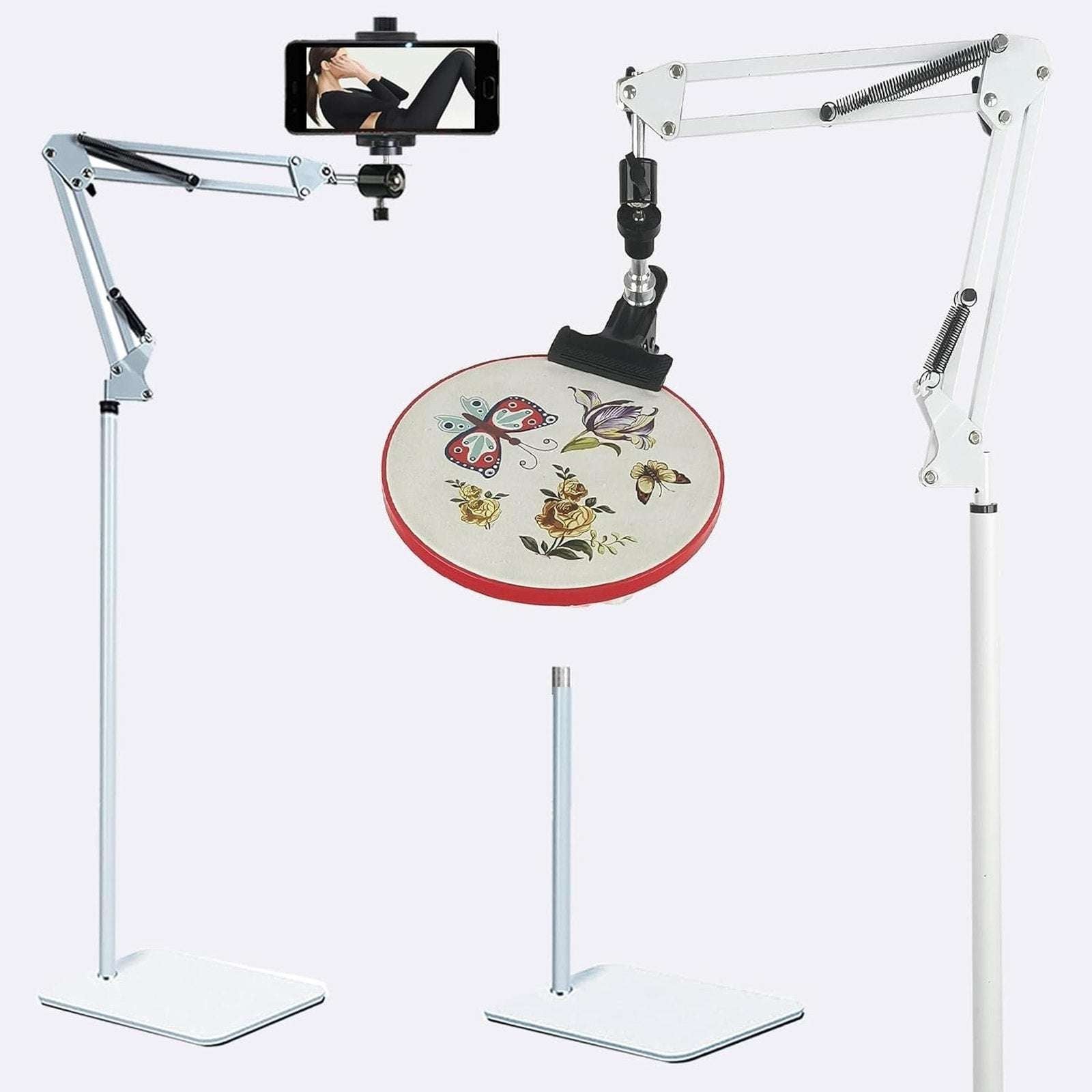 Embroidery Hoops Floor Stand Holder, 360° Rotate Hands Free + Phone Holder White