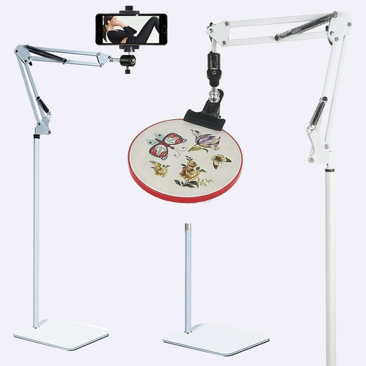 Embroidery Hoops Floor Stand Holder, 360° Rotate Hands Free + Phone Holder White