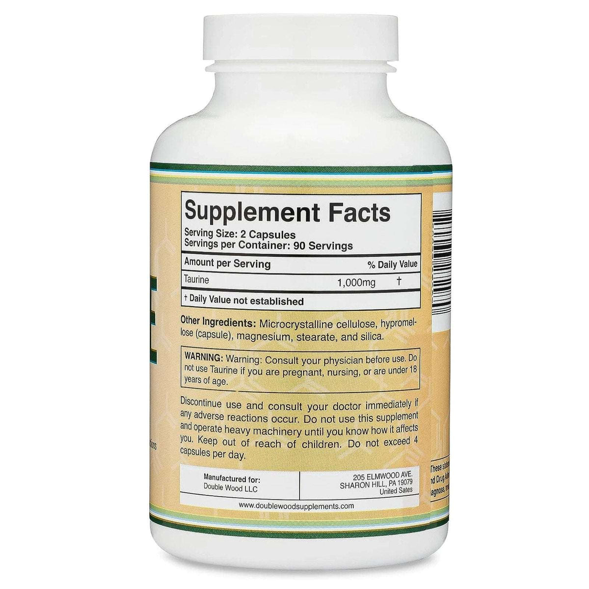 Taurine Supplement 1000mg 180 Capsules Gluten Free Non-GMO DoubleWood 02/2028