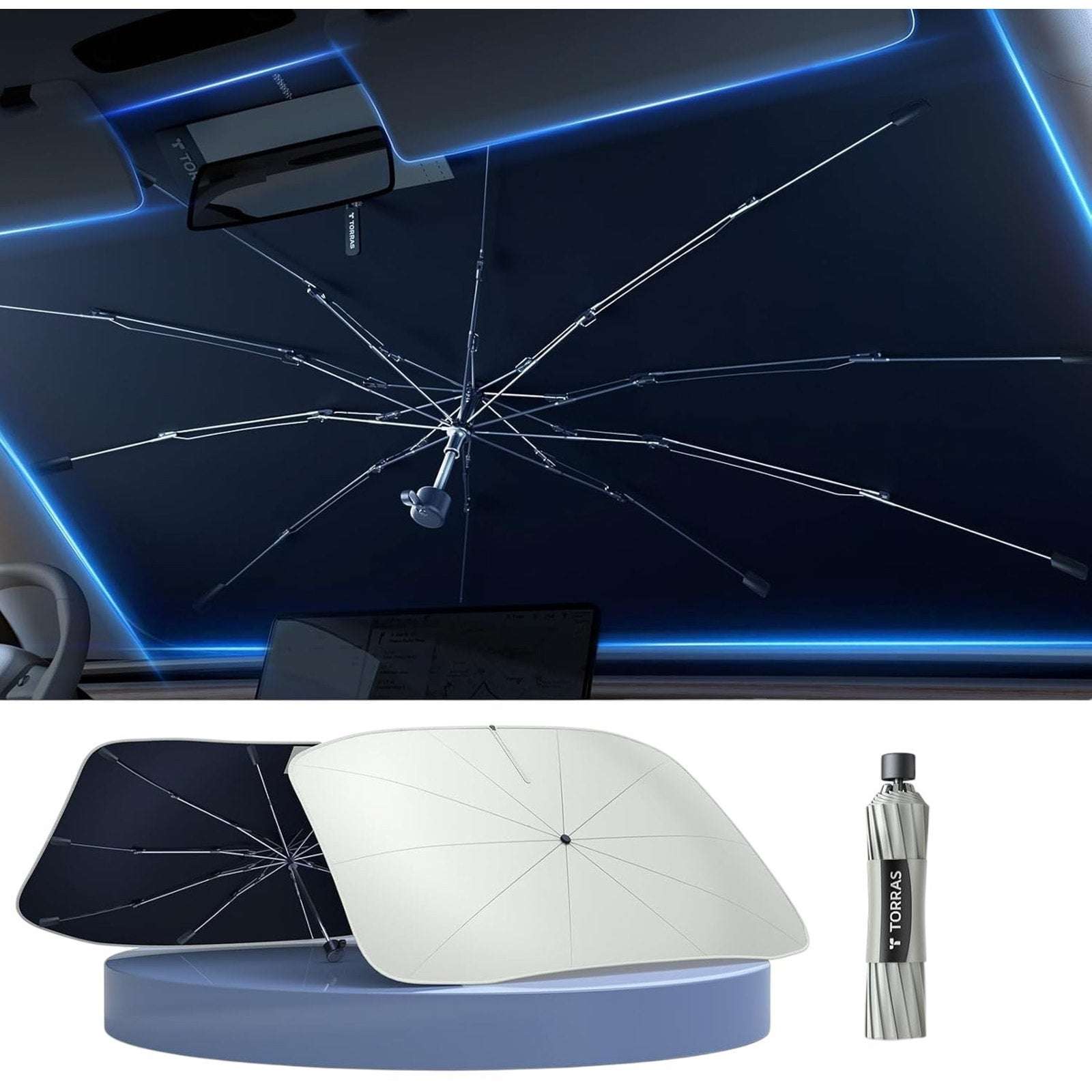 TORRAS Car Windshield Sun Shade Umbrella w Organizer - Universal Beige Blocks UV