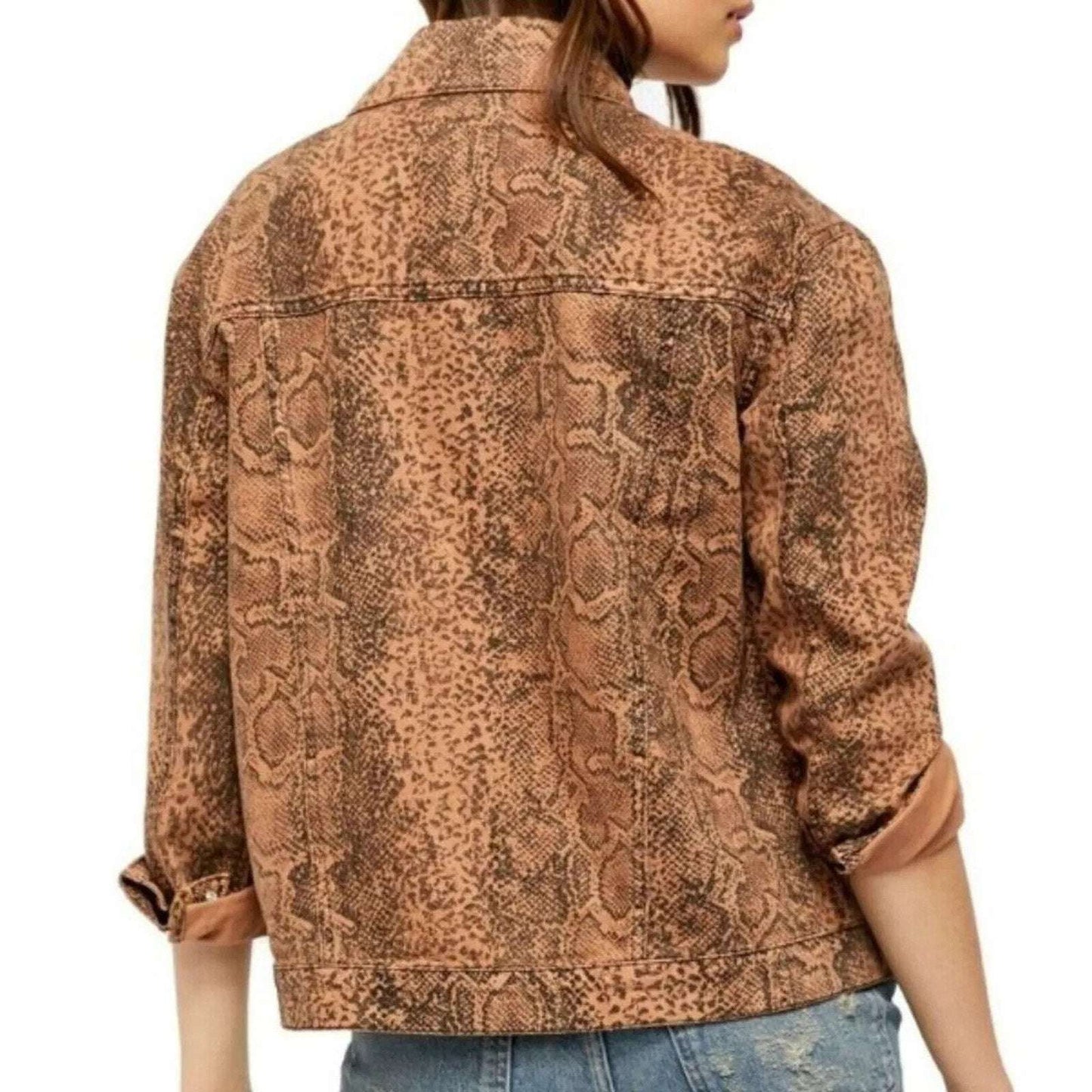 Free People Trucker Brown Snake Print Denim Jacket Size M Medium