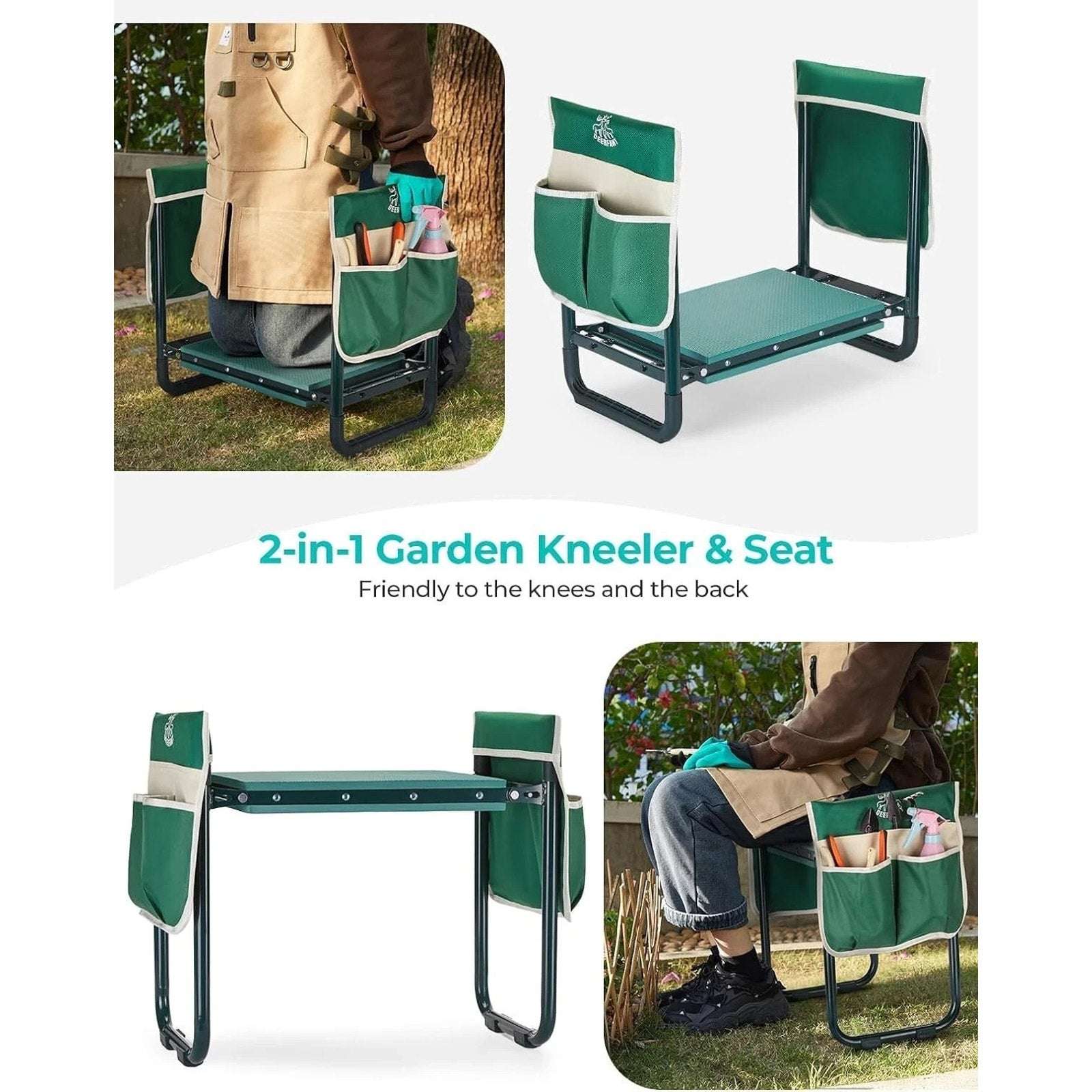 DEERFAMY 10.2"W Gardening Stool, Garden Kneeler Seat Tool Pouches 350lbs Green