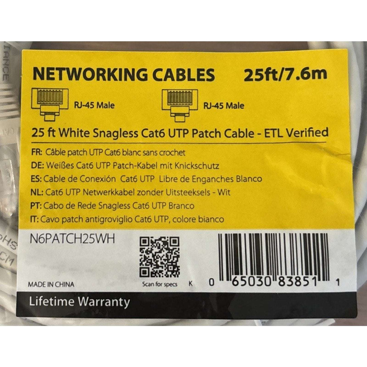 StarTech Cat6 Ethernet UTP Network Patch Cable 25ft RJ45 Snagless N6PATCH25WH