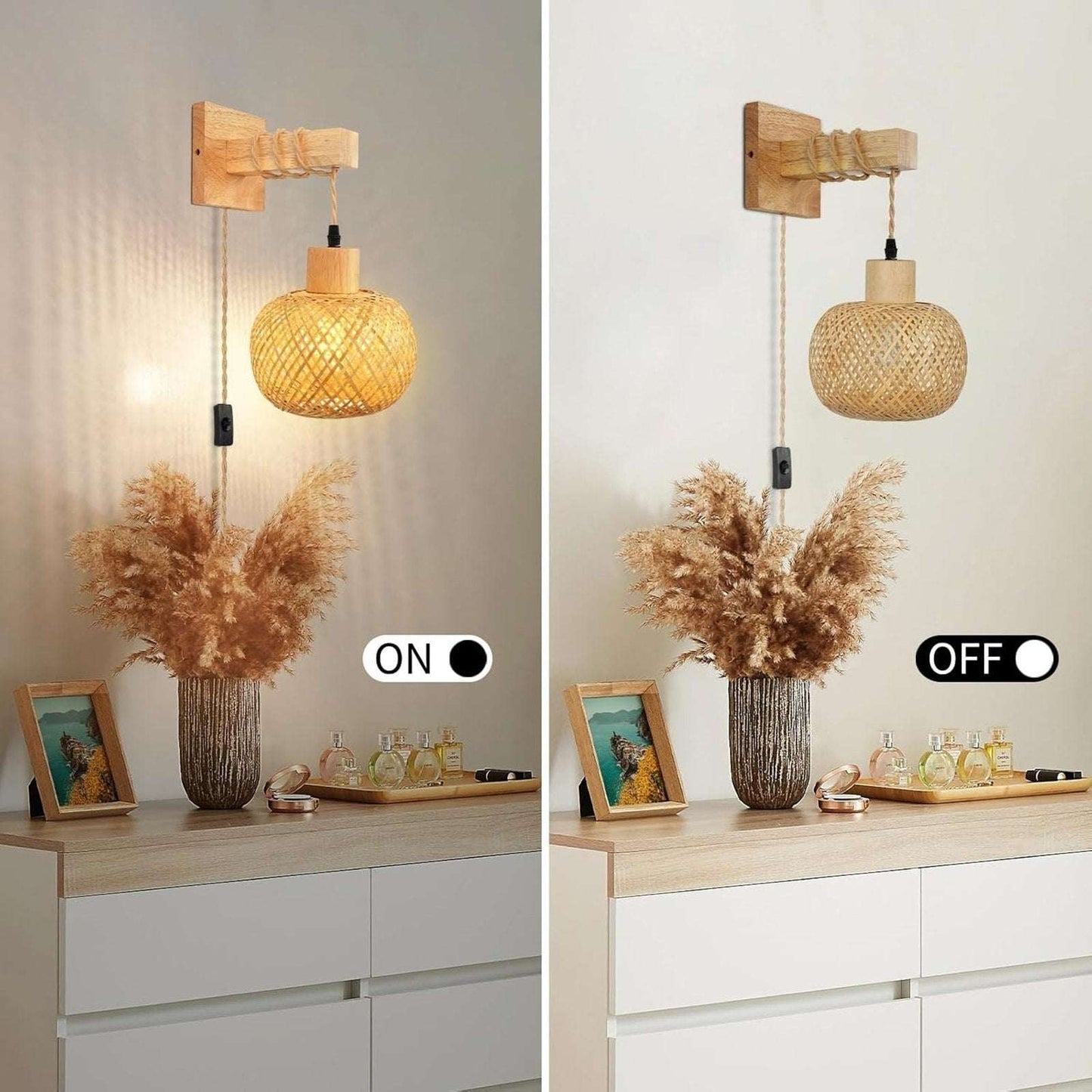 Plug in Wall Sconces Set of 2, Bamboo Hand Woven Rustic Hanging Light Fixtures