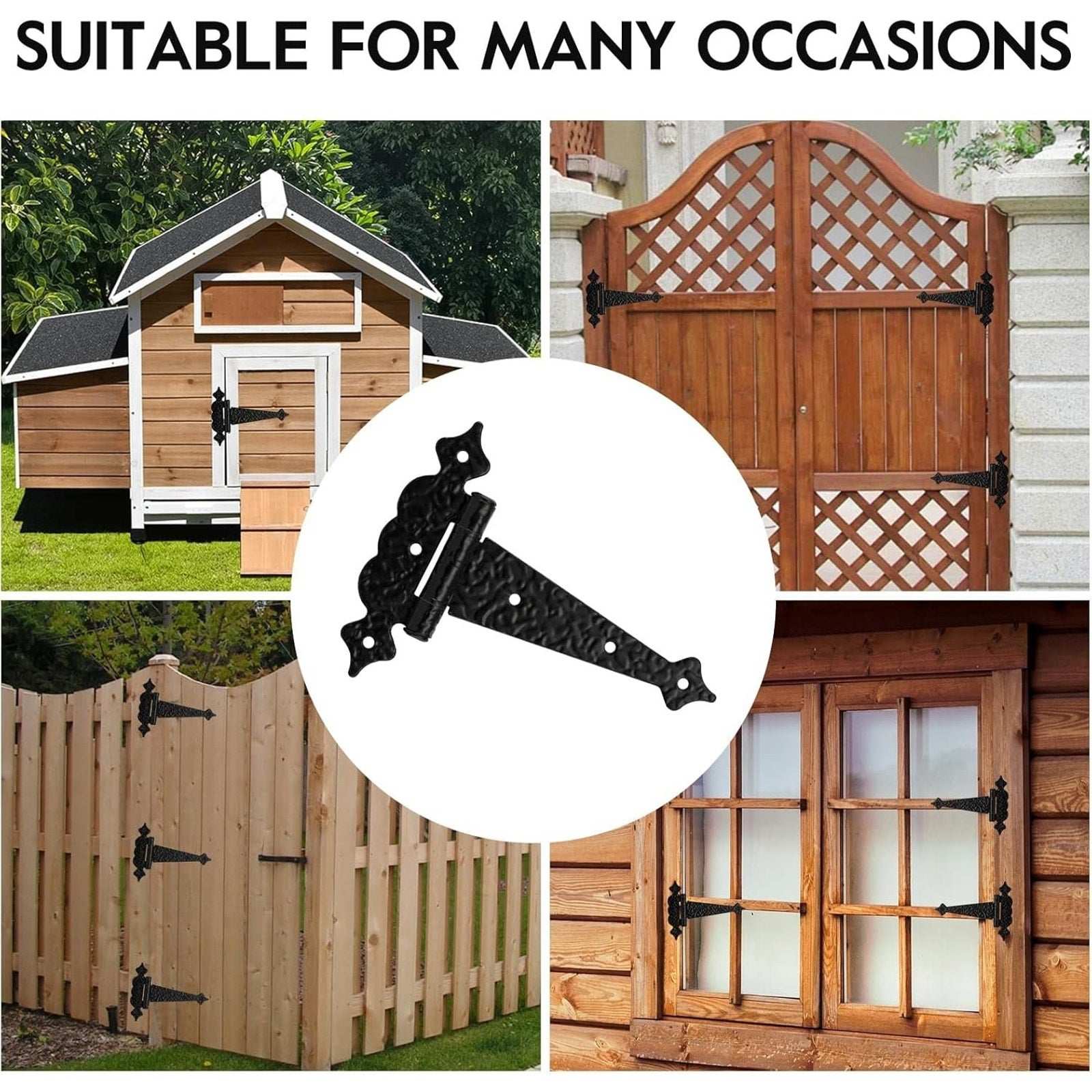 6" Heavy Duty Hammered Black Steel Gate T Hinge Strap Shed, Barn Doors - 6 Pack