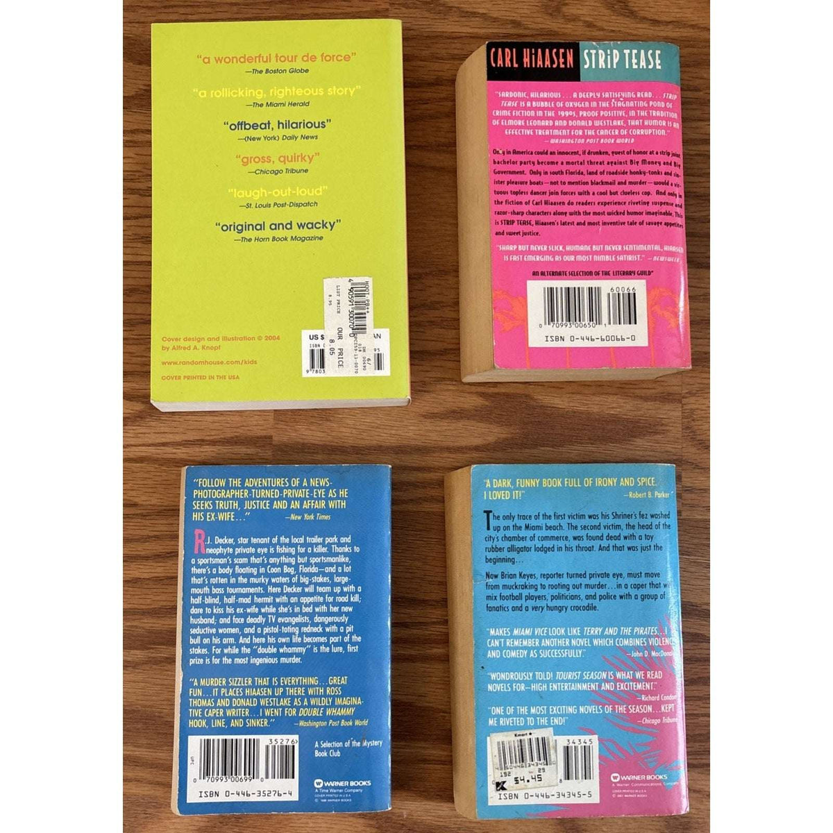 Set of 4 Paperbacks by Carl Hiaasen - Tourist Season, Hoot, Strip Tease, Double Whammy