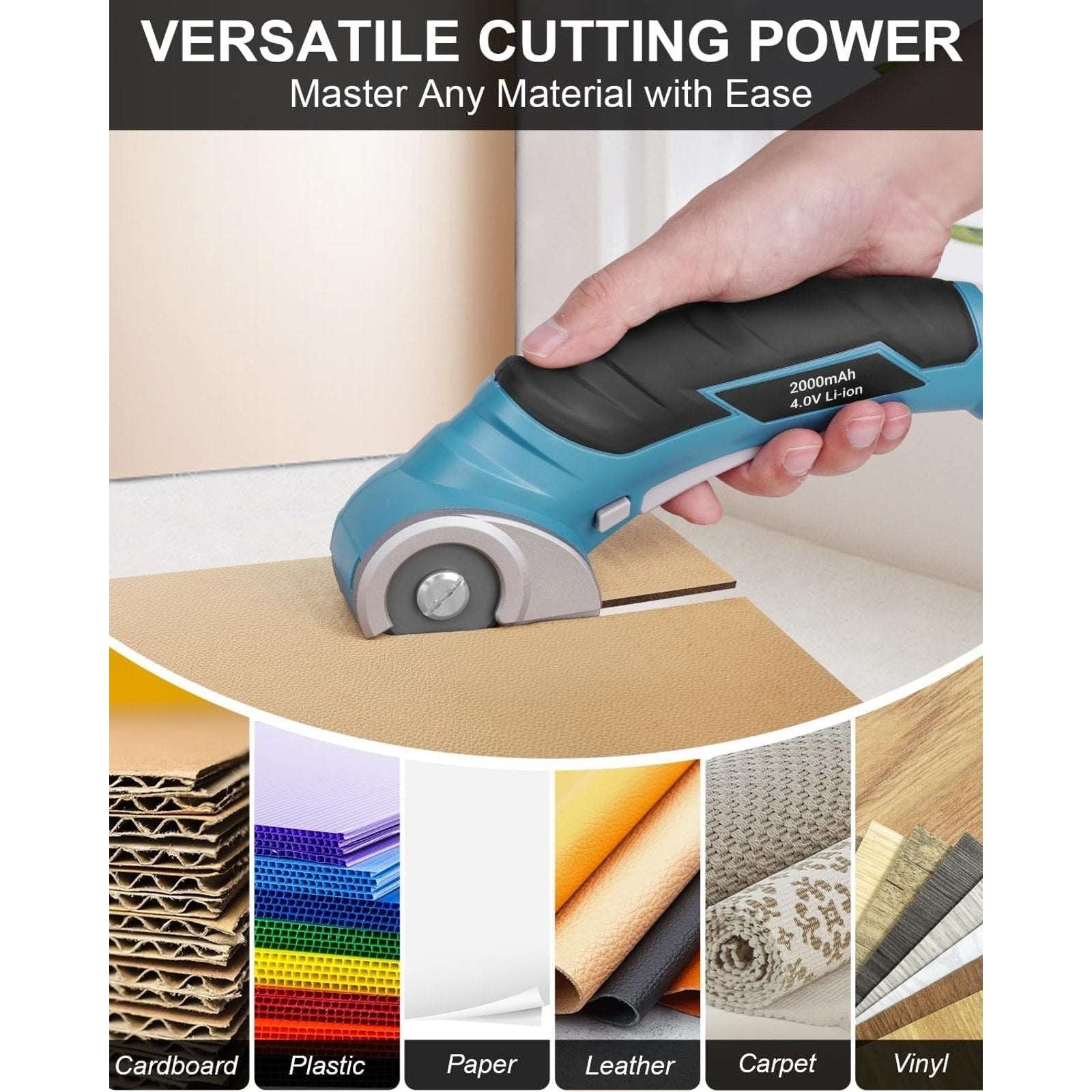 Cordless Electric Scissors 4V Rechargeable Rotary Cardboard Cutter, 2000mAh Bat