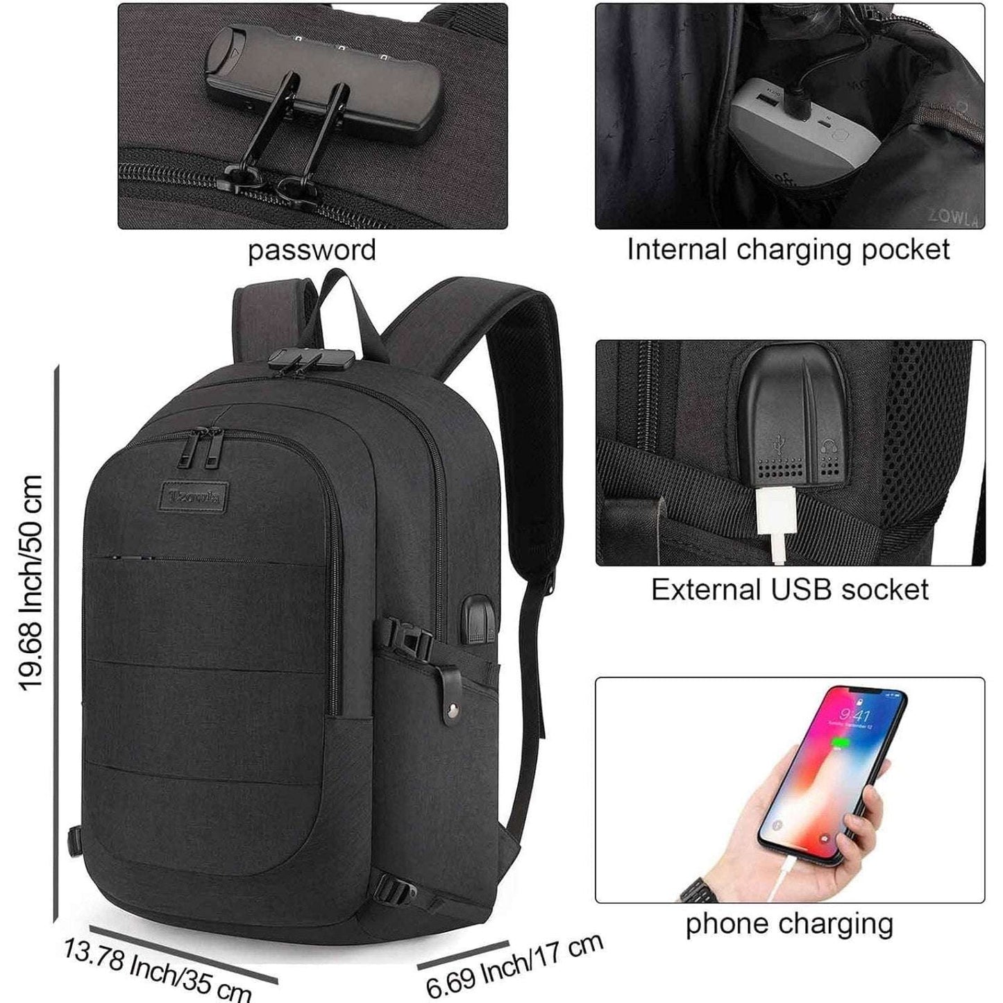 Tzowla Travel Laptop Backpack Water Resistant Anti-Theft Bag w USB Charging Port