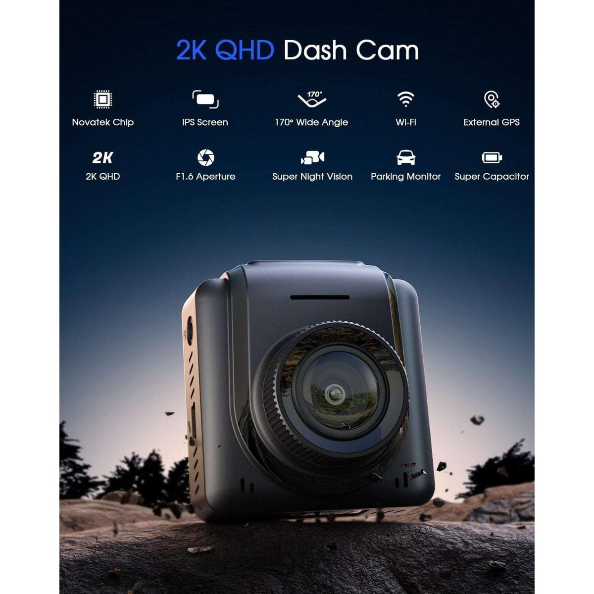 Avylet A1 Dash Cam WiFi 2K w/ APP, External GPS, WDR Night Vision, Loop Record +