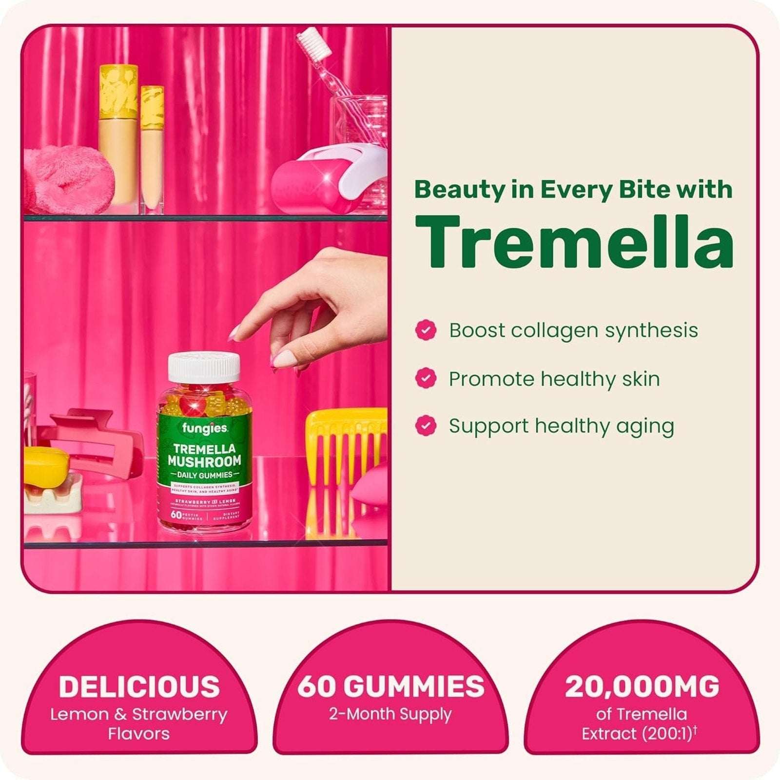 3 x Fungies Tremella Mushroom Collagen Beauty Gummies STRAWBERRY-LEMON 60Ct(180)