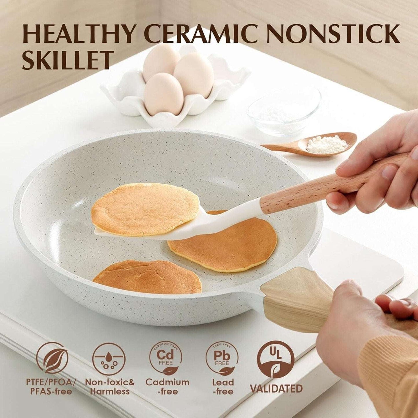 SENSARTE Nonstick Ceramic Frying Pan w Lid, 11in. - White - Healthy Chefs Pan