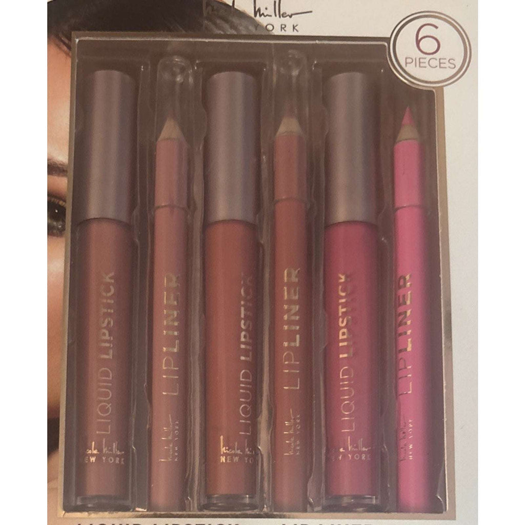 Nicole Miller NY Rosy Nudes Liquid Lipstick & Liner 6Pc Set Rose, Peach & Mauve