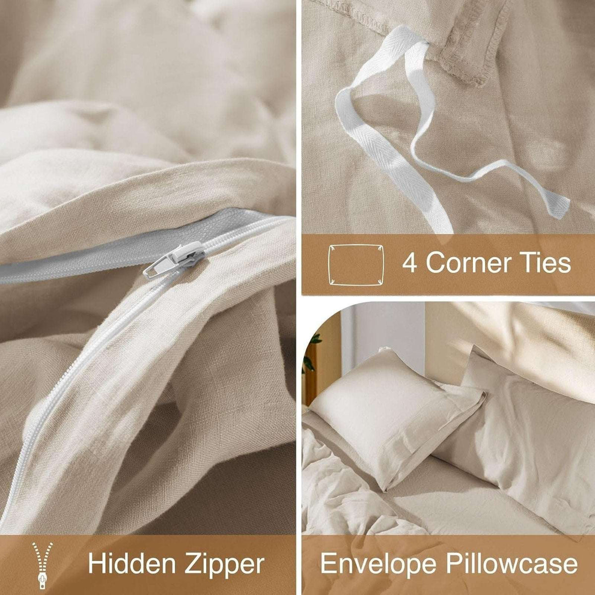 100% Pure French Flax Linen Duvet Cover Set 3 Piece Cooling(Natural Linen, King)