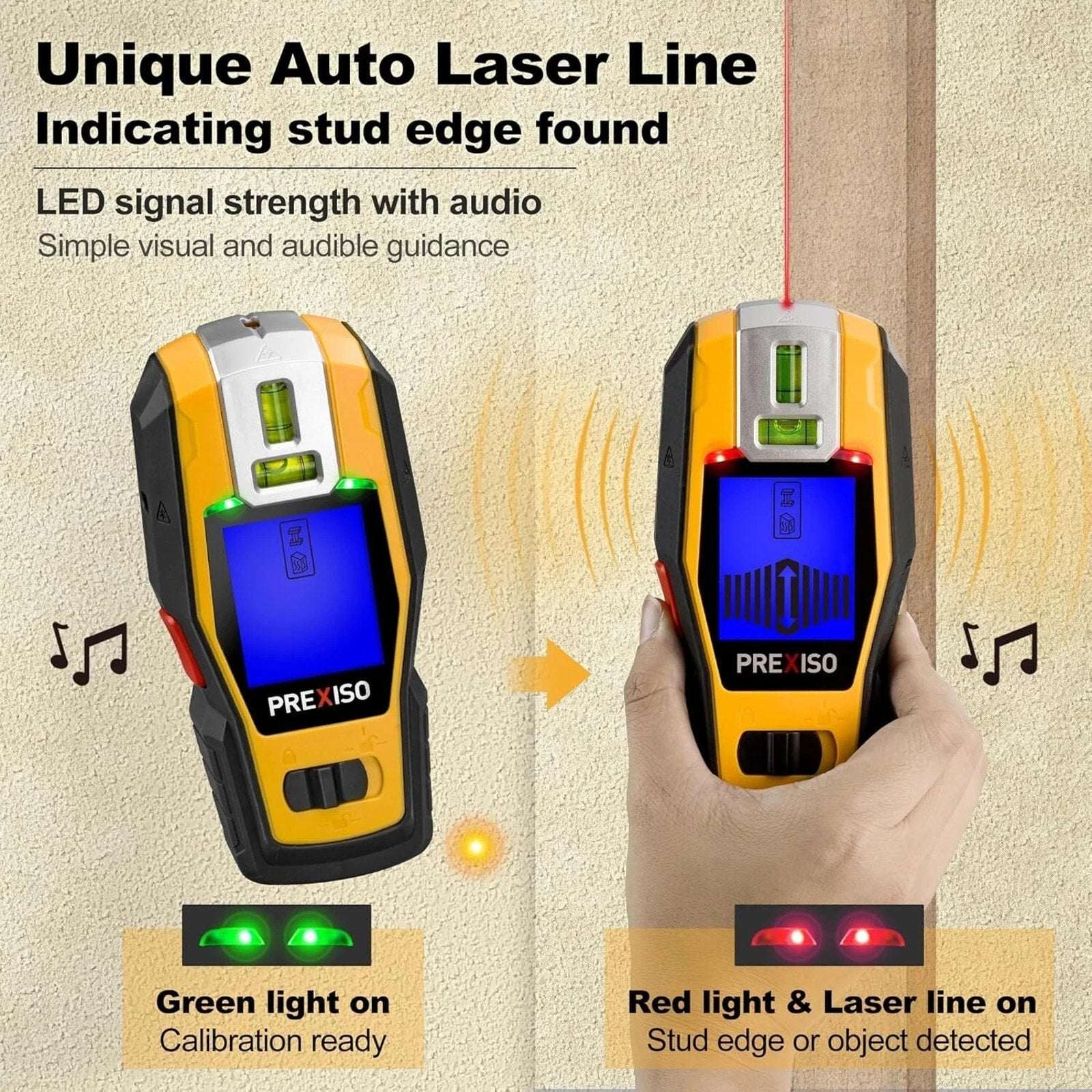 PREXISO 2-in-1 Stud Finder w/ Cross Line Laser Level, Rechargeable Multi Surface