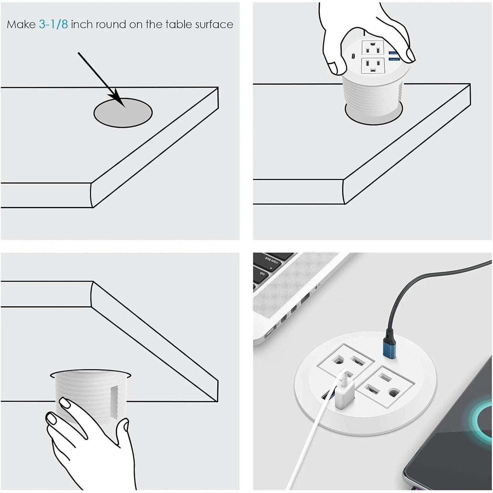 3" Recessed Desktop High-Speed Power Grommet Charging Station 2 Outlets & 3 USB
