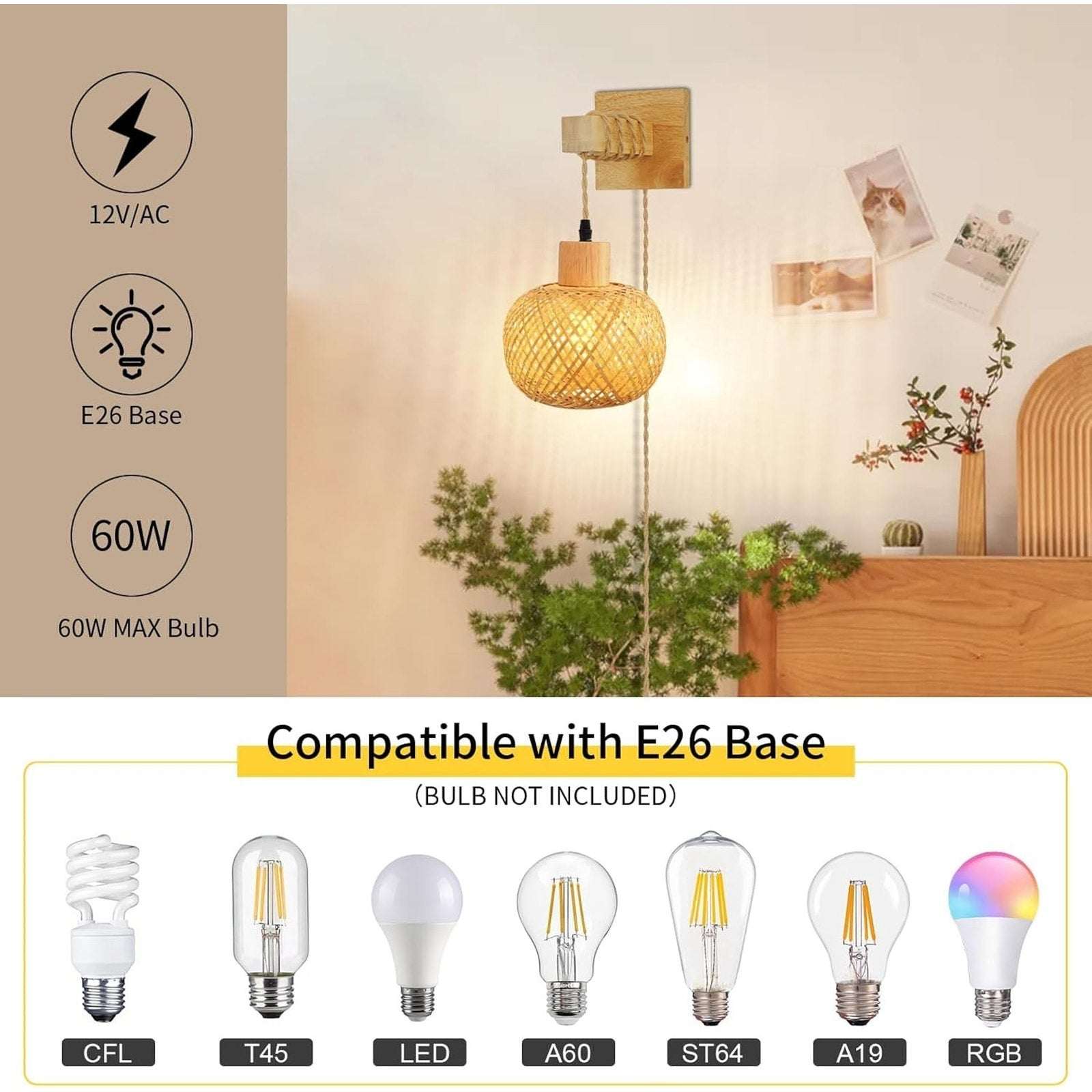 Plug in Wall Sconces Set of 2, Bamboo Hand Woven Rustic Hanging Light Fixtures