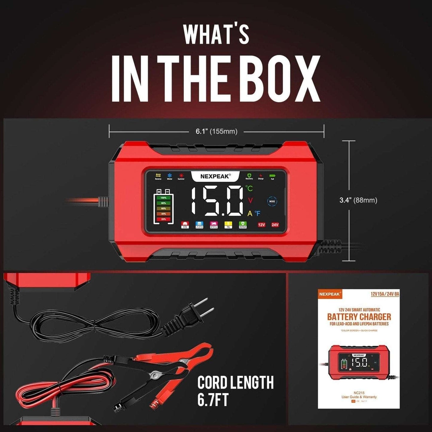 NEXPEAK 15A Smart Battery Charger 12V 24V 9 Stage Trickle LiFePO4 Car Truck Boat
