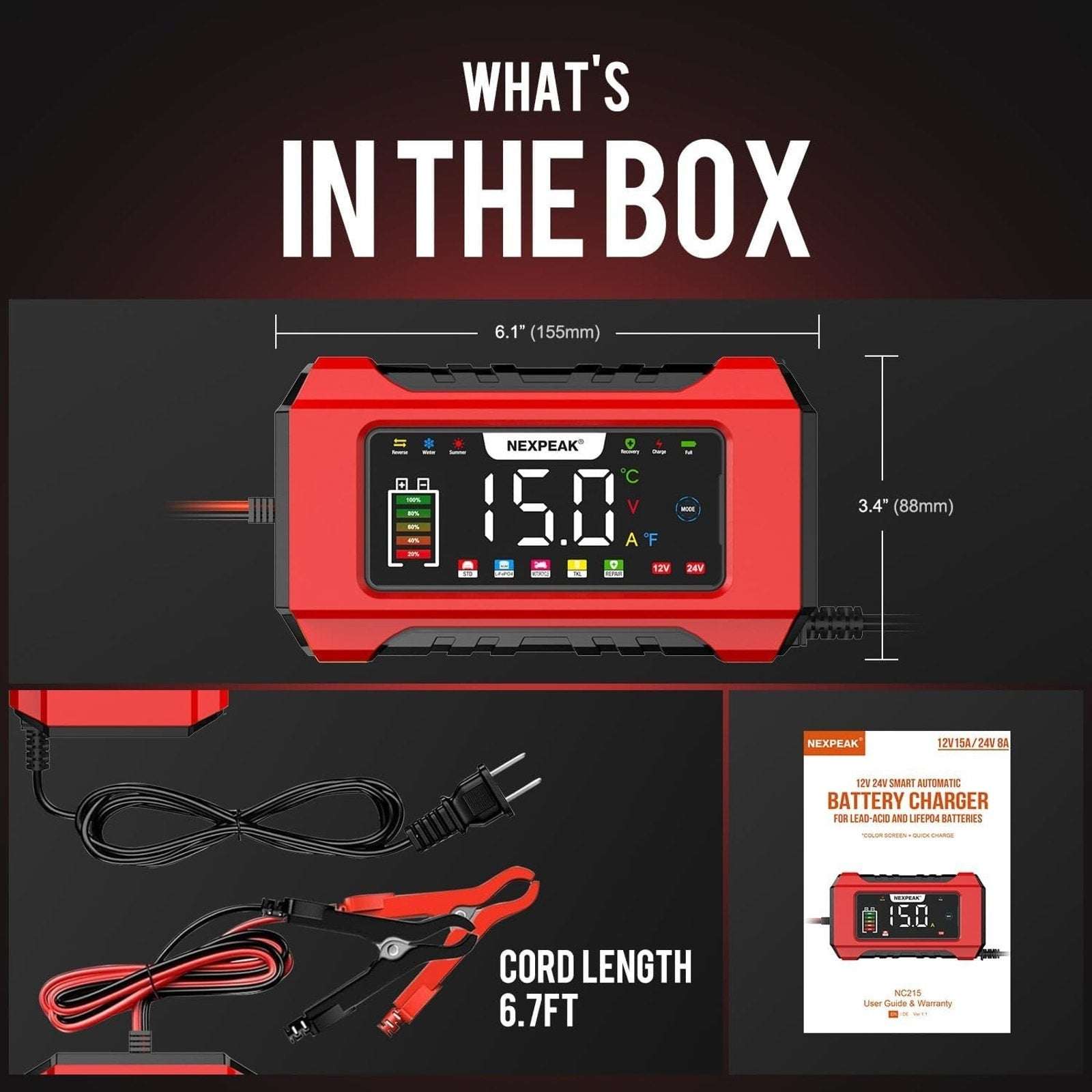 NEXPEAK 15A Smart Battery Charger 12V 24V 9 Stage Trickle LiFePO4 Car Truck Boat
