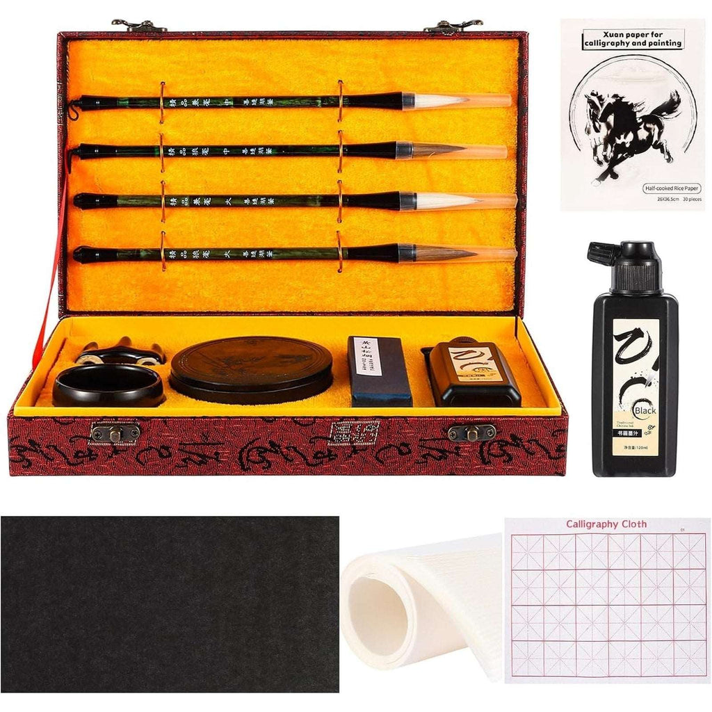 Chinese Calligraphy Set Japanese Kanji Art Beginners Sumi Brushes Ink Stone Case