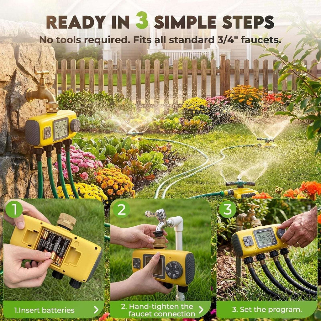 4-Zone Programmable Digital Smart Water Timer w/ Brass Inlet, Rain Delay, Anti-R