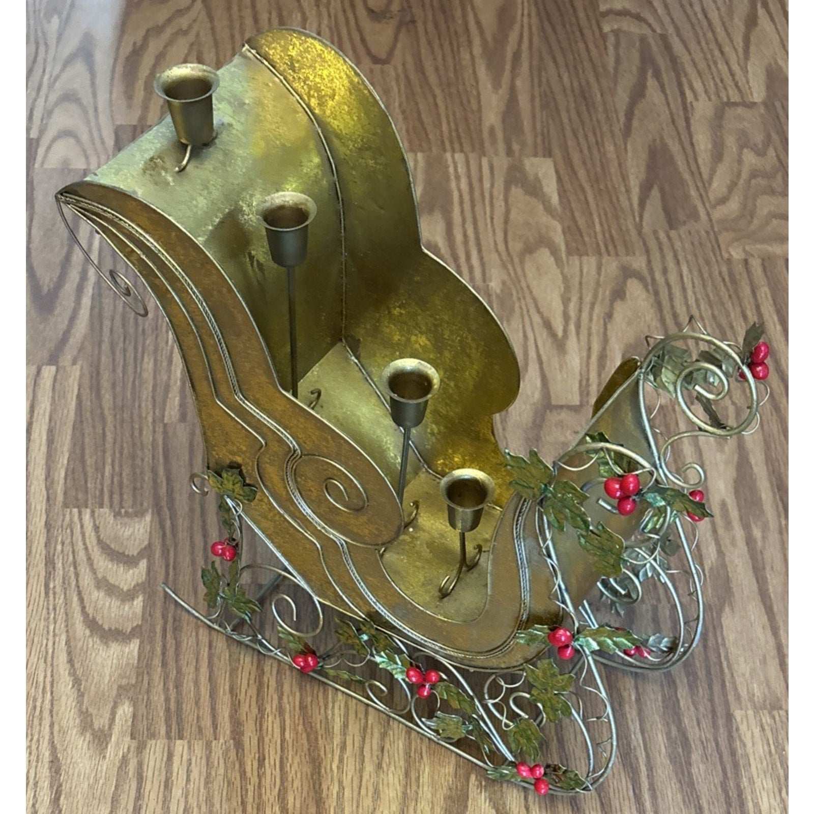 Vtg Metal Gold Sleigh Christmas Decoration Centerpiece 5 Taper Candle Holder