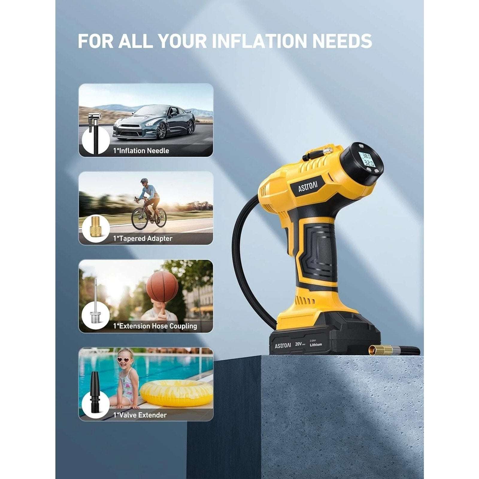 AstroAI Tire Inflator Cordless Air Compressor 160PSI w 12V/20V Dual Power Supply