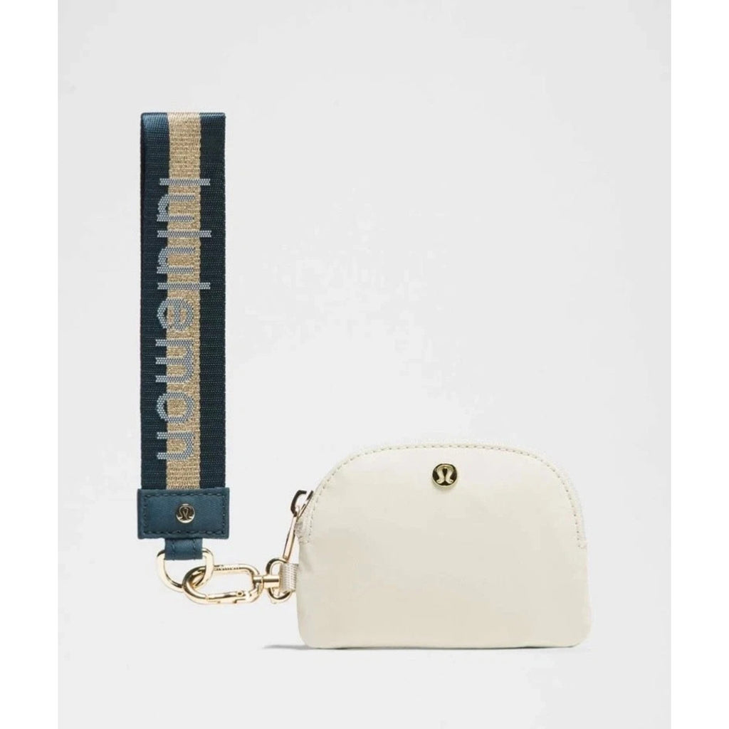 NWT Lululemon Dual Pouch Wristlet Wallet Keychain Wordmark Warp Teal, Gold, Bone