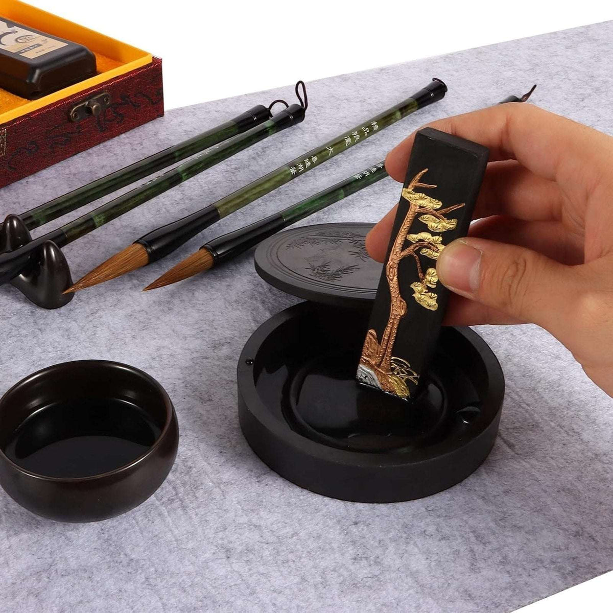 Chinese Calligraphy Set Japanese Kanji Art Beginners Sumi Brushes Ink Stone Case