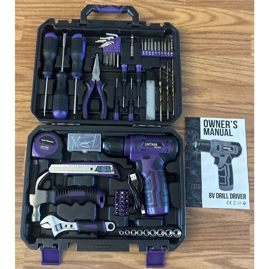 CARTMAN 150 Piece Tool Set, Home Tool Kit w/ 8V Purple Cordless Drill Set & Case