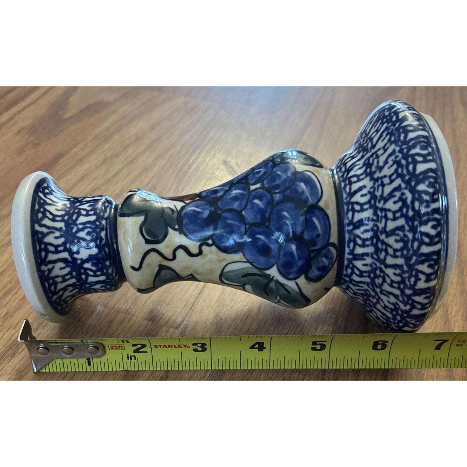 Blue Rose Polish Pottery Boleslawiec 7" Candlestick Pair Blue White Grapes