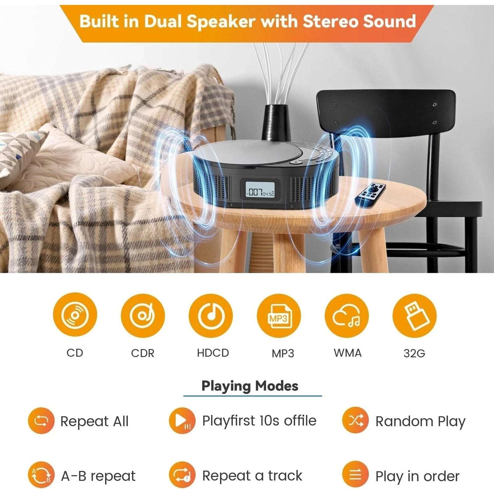 MONODEAL Portable Bluetooth Boombox CD Player, FM Radio, BT Speaker Transmitter