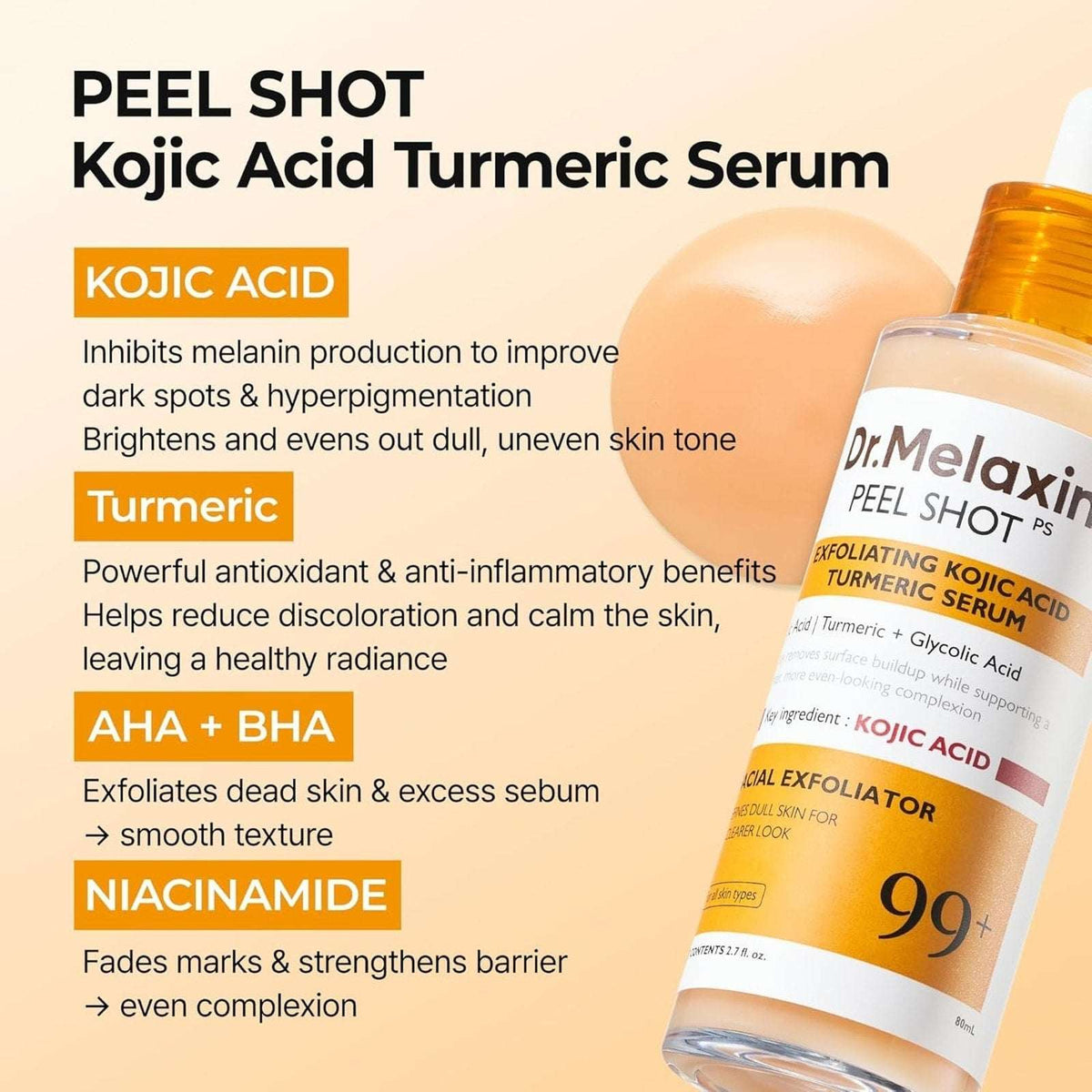 Dr.Melaxin Peel Shot Exfoliating Kojic Acid Turmeric + Glycolic Serum 2.7 fl.oz.
