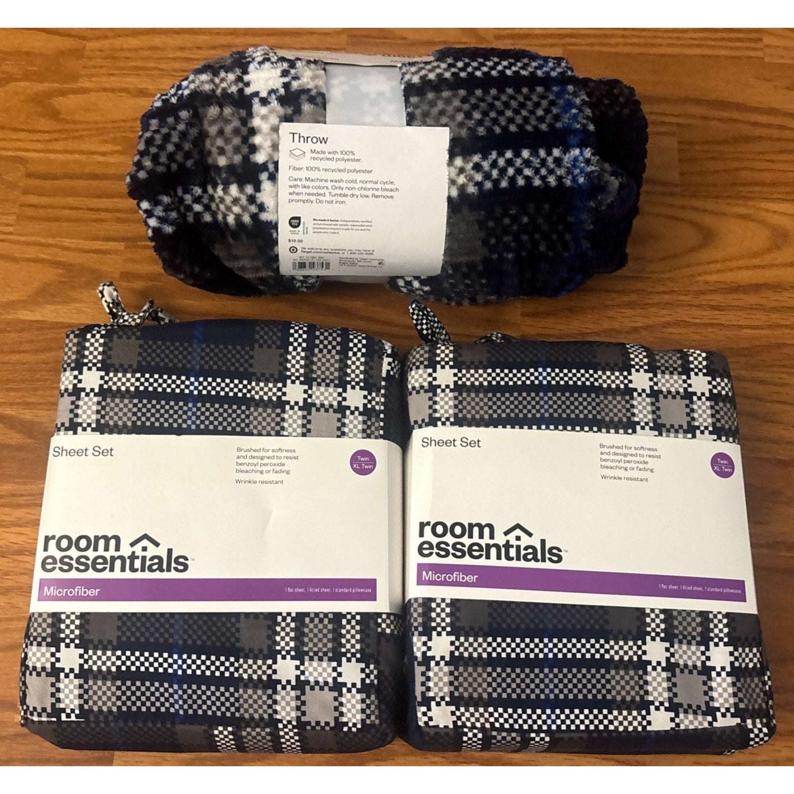 2 x 3PC Sheet Sets + Blanket Room Essentials Blue/Gray Plaid Microfiber Twin XL