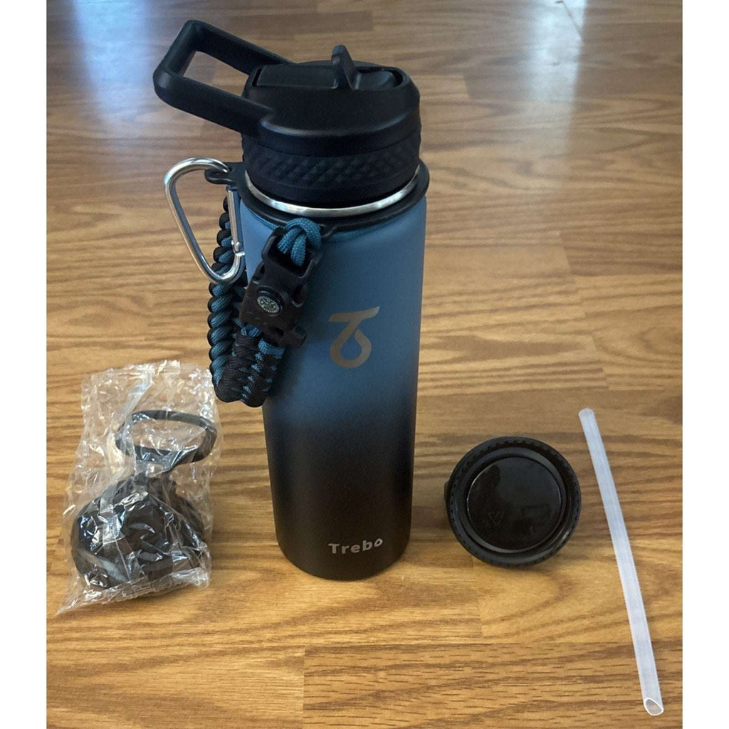 Trebo 32oz Water Bottle Insulated 3 Lids, Paracord, Carabiner, Compass & Whistle