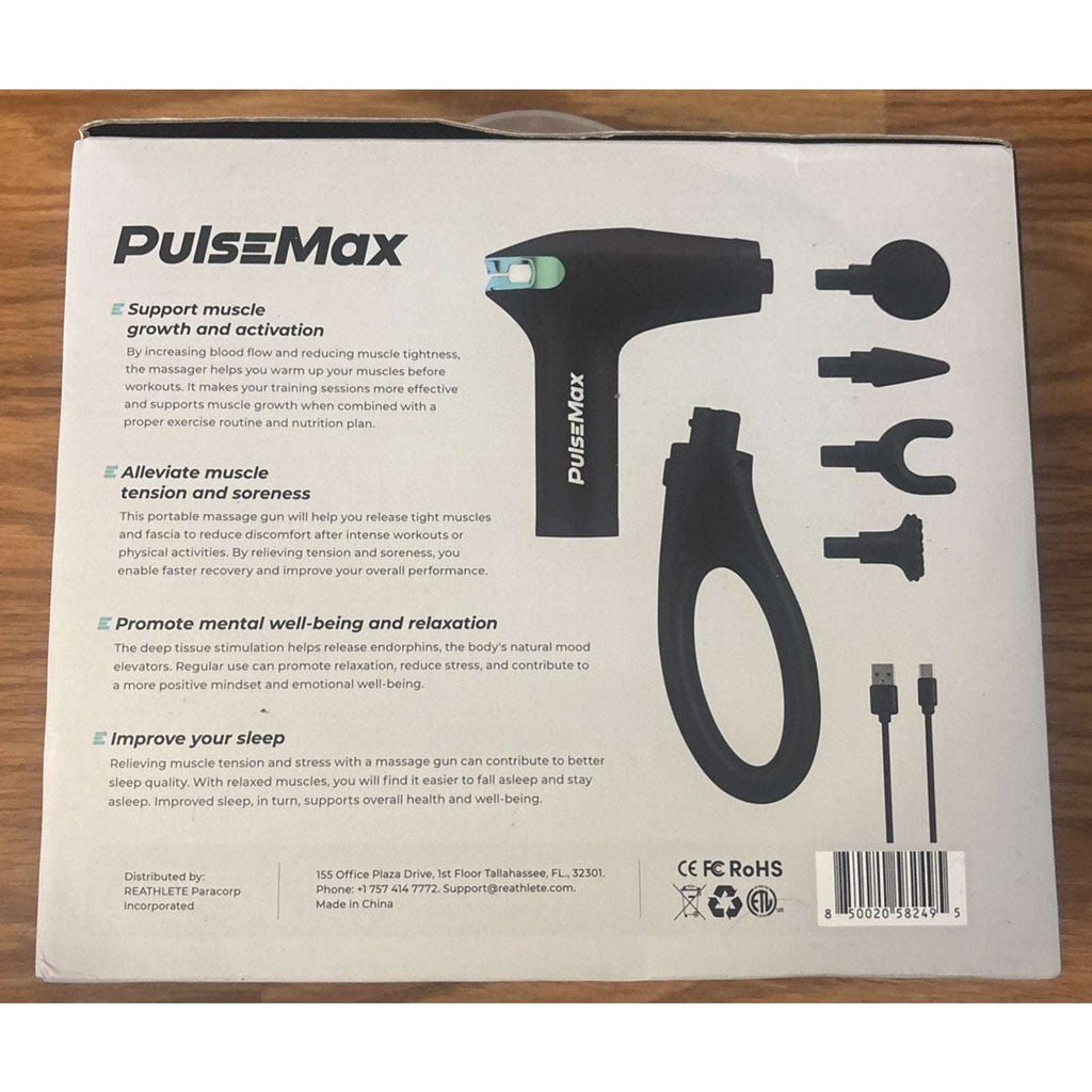 ReATHLETE PulseMax Portable Deep Tissue Massage Gun Extended Reach 8Gears/4Heads