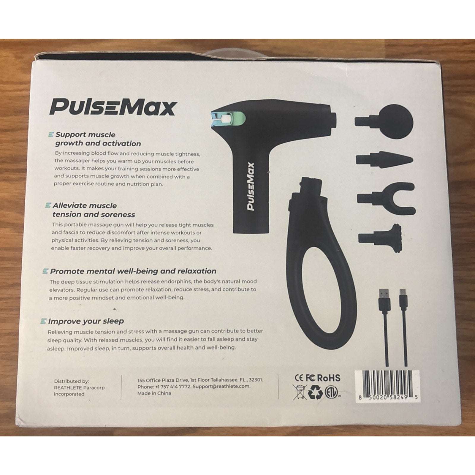 ReATHLETE PulseMax Portable Deep Tissue Massage Gun Extended Reach 8Gears/4Heads