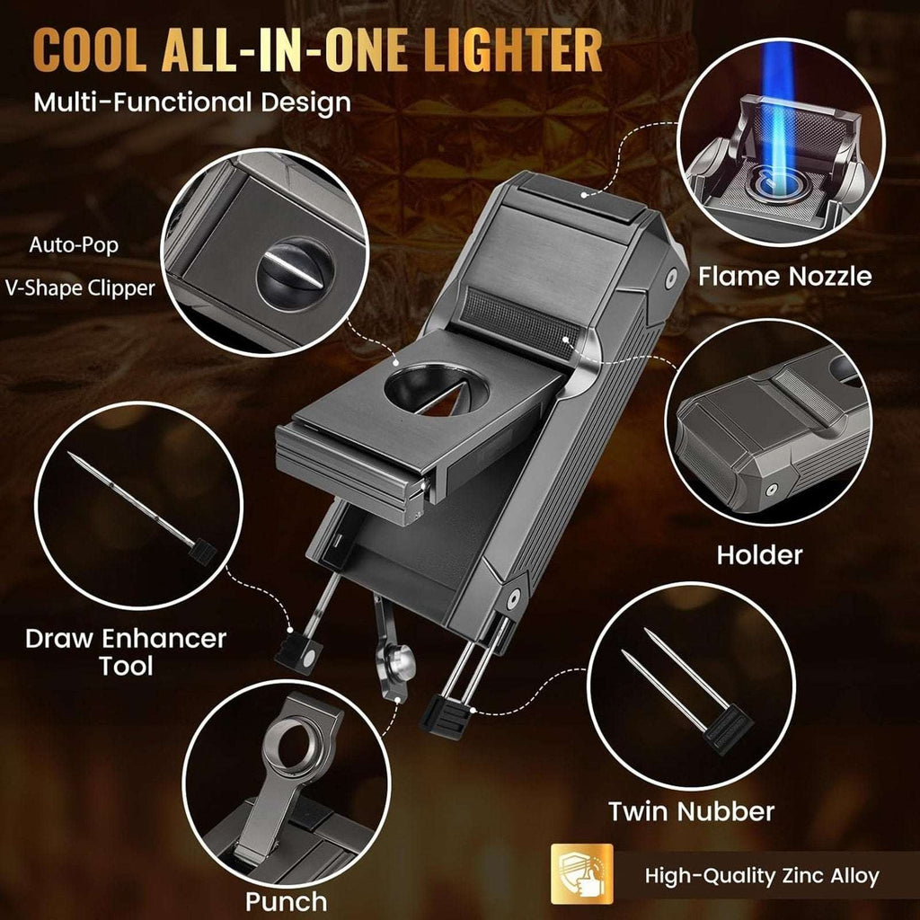 All in 1 Cigar Torch Lighter V-Cutter, Punch, Holder, Draw Enhancer, Twin Nubber