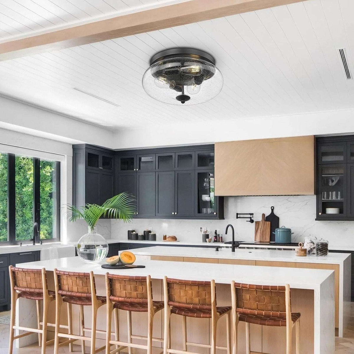 DARKAWAY Ceiling Light Fixture 2-Light Flush Mount Indoor/Outdoor Seeded Glass