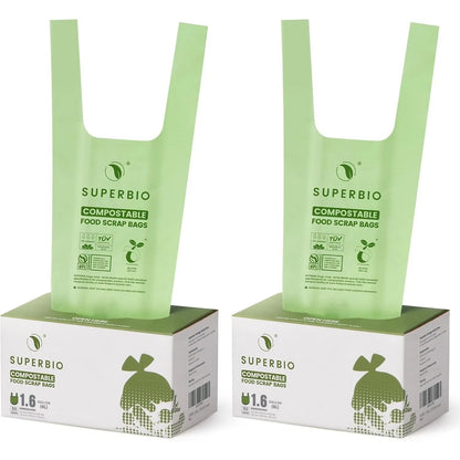 100Pk SUPERBIO 1.6 Gallon Handle Tie Compostable Food Scrap Bags Counter Top Bin