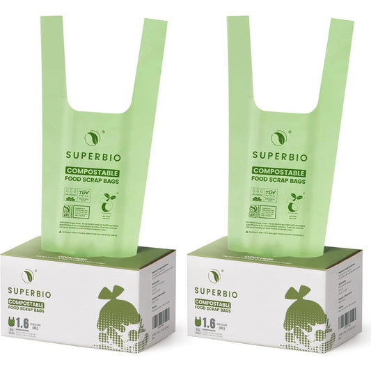 100Pk SUPERBIO 1.6 Gallon Handle Tie Compostable Food Scrap Bags Counter Top Bin
