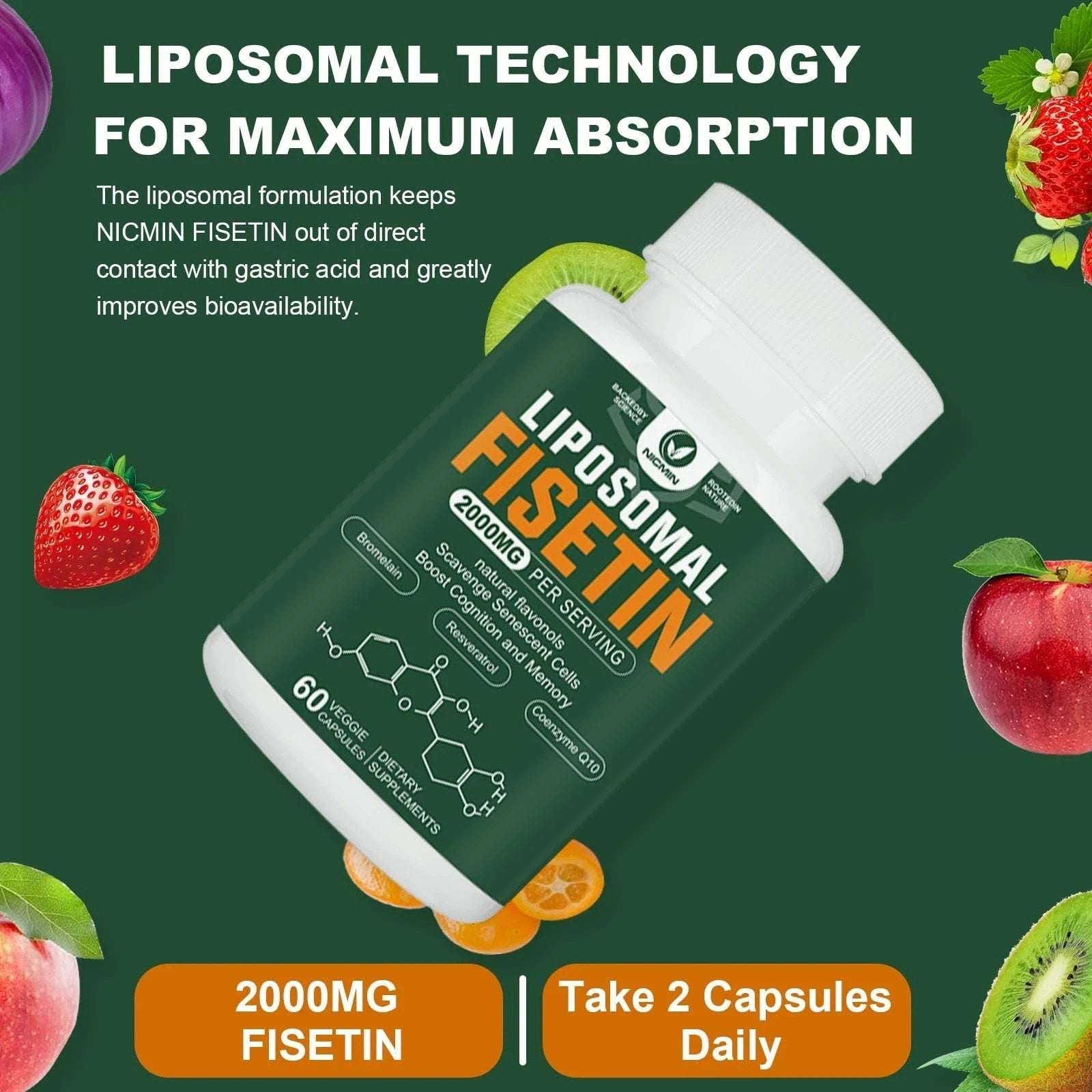 Liposomal Fisetin Supplement, 2000MG, Resveratrol, Bromelain, CoQ10 - 60 Count