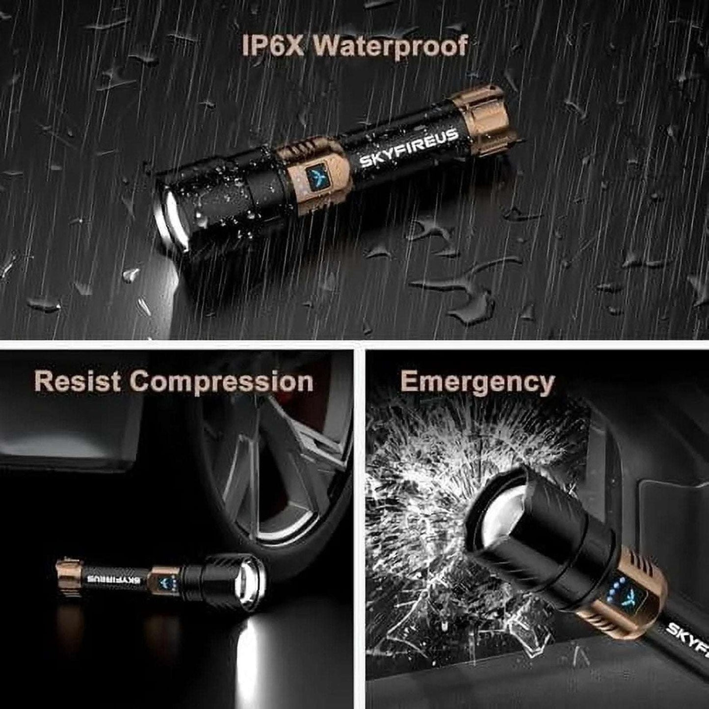 SKYFIRE LED Flashlight 2000lm Rechargeable Zoom Waterproof w/ FIRE STARTER Lens