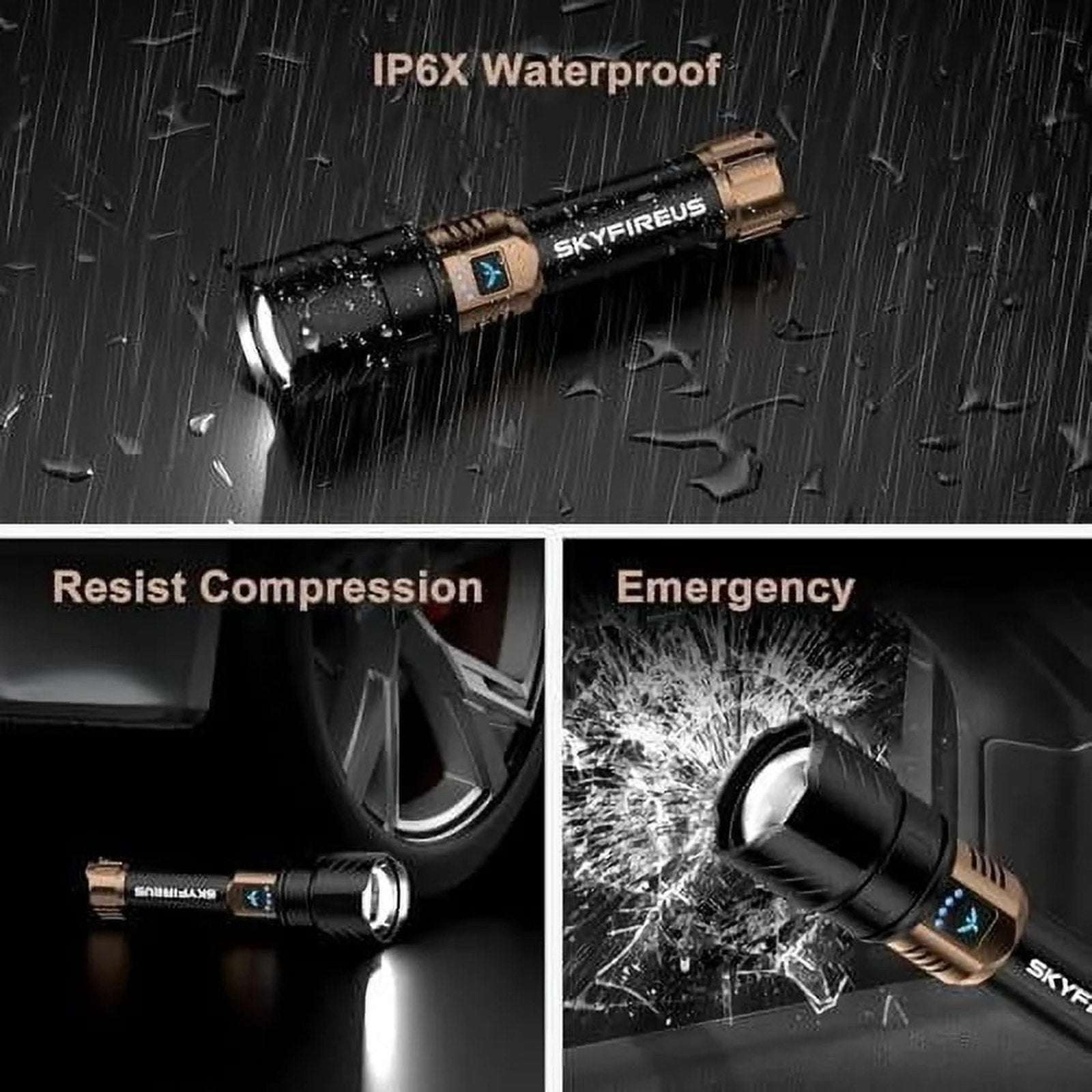 SKYFIRE LED Flashlight 2000lm Rechargeable Zoom Waterproof w/ FIRE STARTER Lens