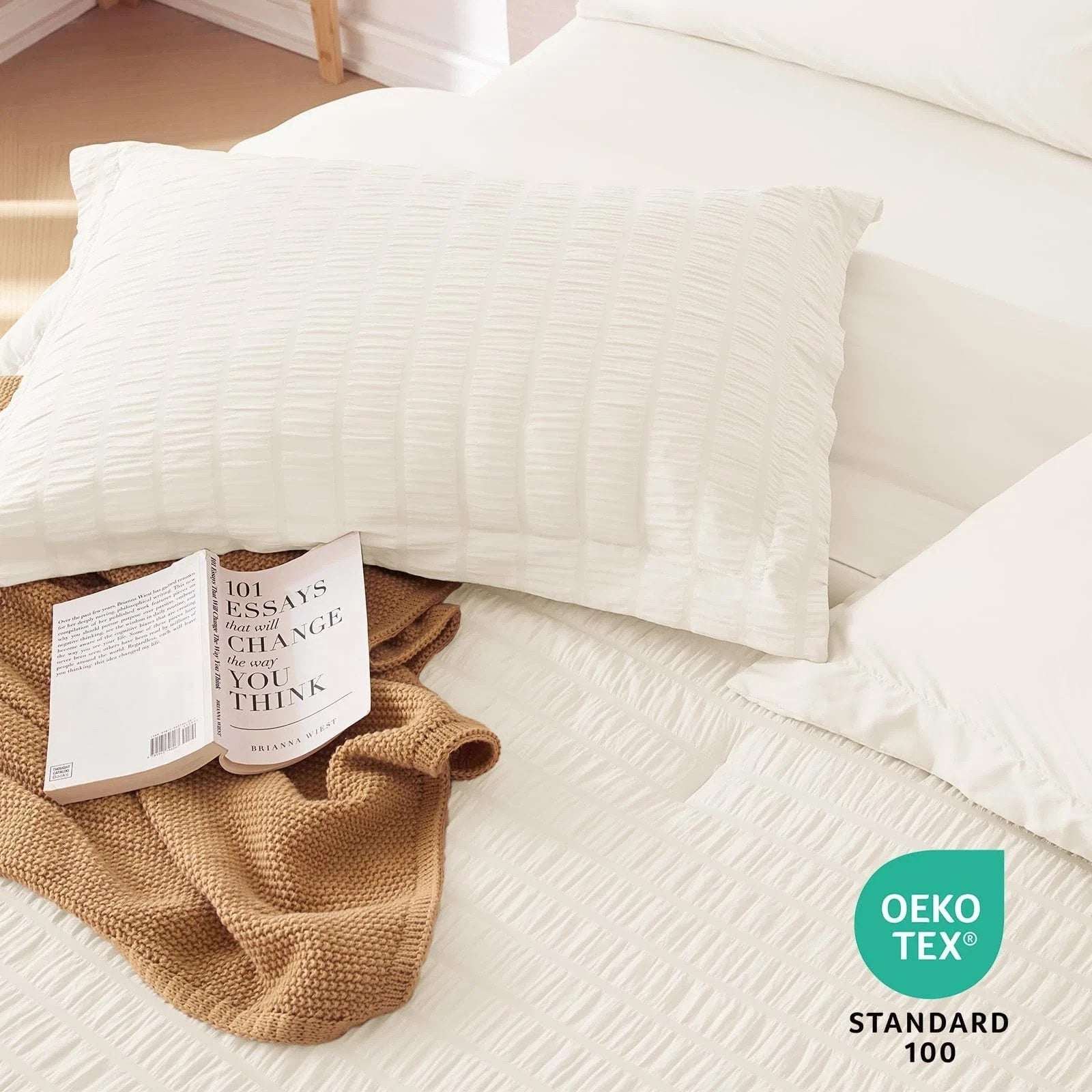 MUXHOMO 7PC Ivory Seersucker Queen Size Comforter & Sheet Set, Bed in a Bag