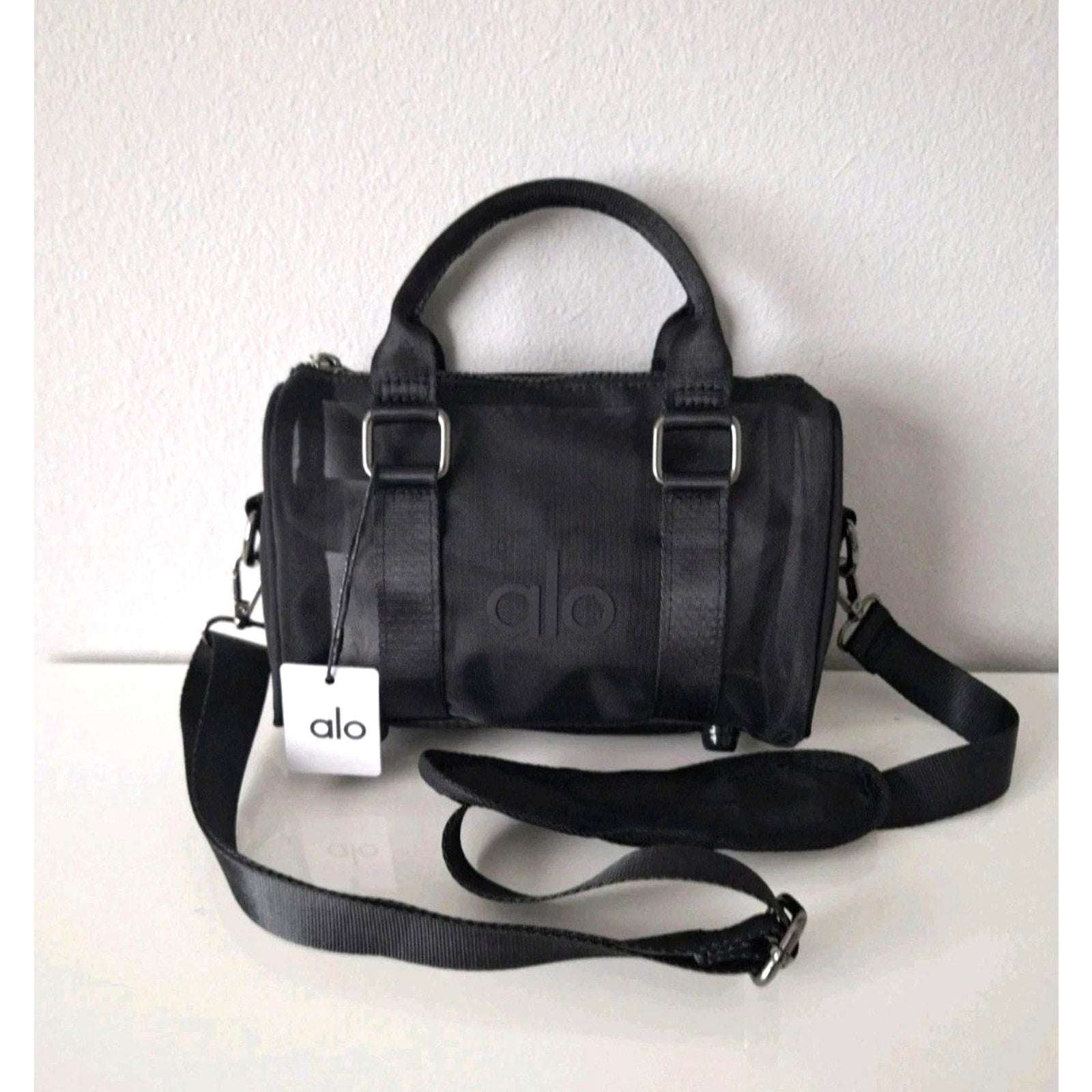 Alo Yoga Mini Sheer Duffle Bag Black Mesh Tote Lightweight Gym Travel Handbag