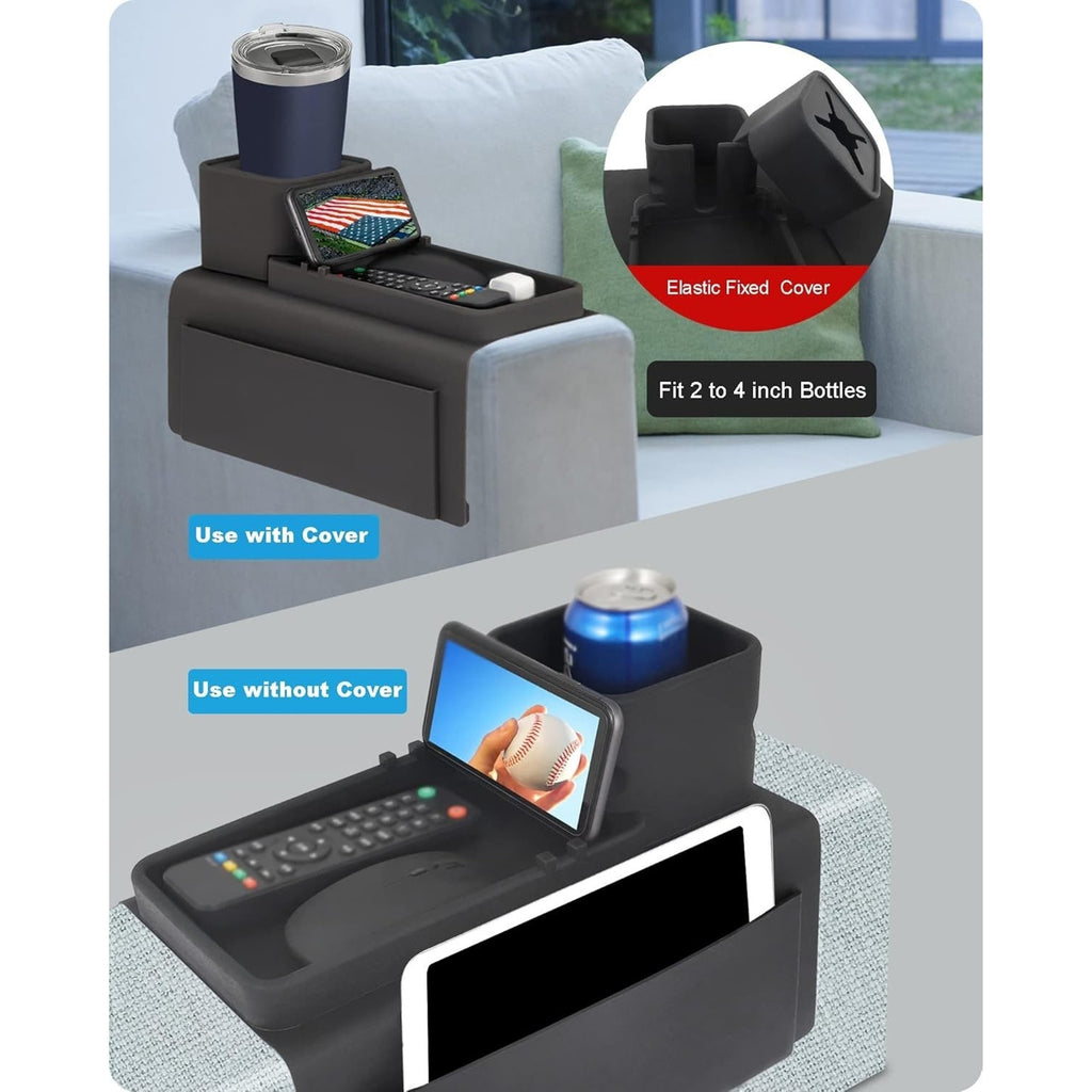 Silicone Couch Armrest Organizer Cup Holder Non-Slip Sofa Remote Phone Tray Black