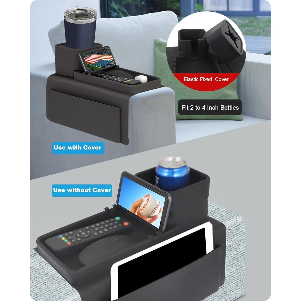 Silicone Couch Armrest Organizer Cup Holder Non-Slip Sofa Remote Phone Tray Black
